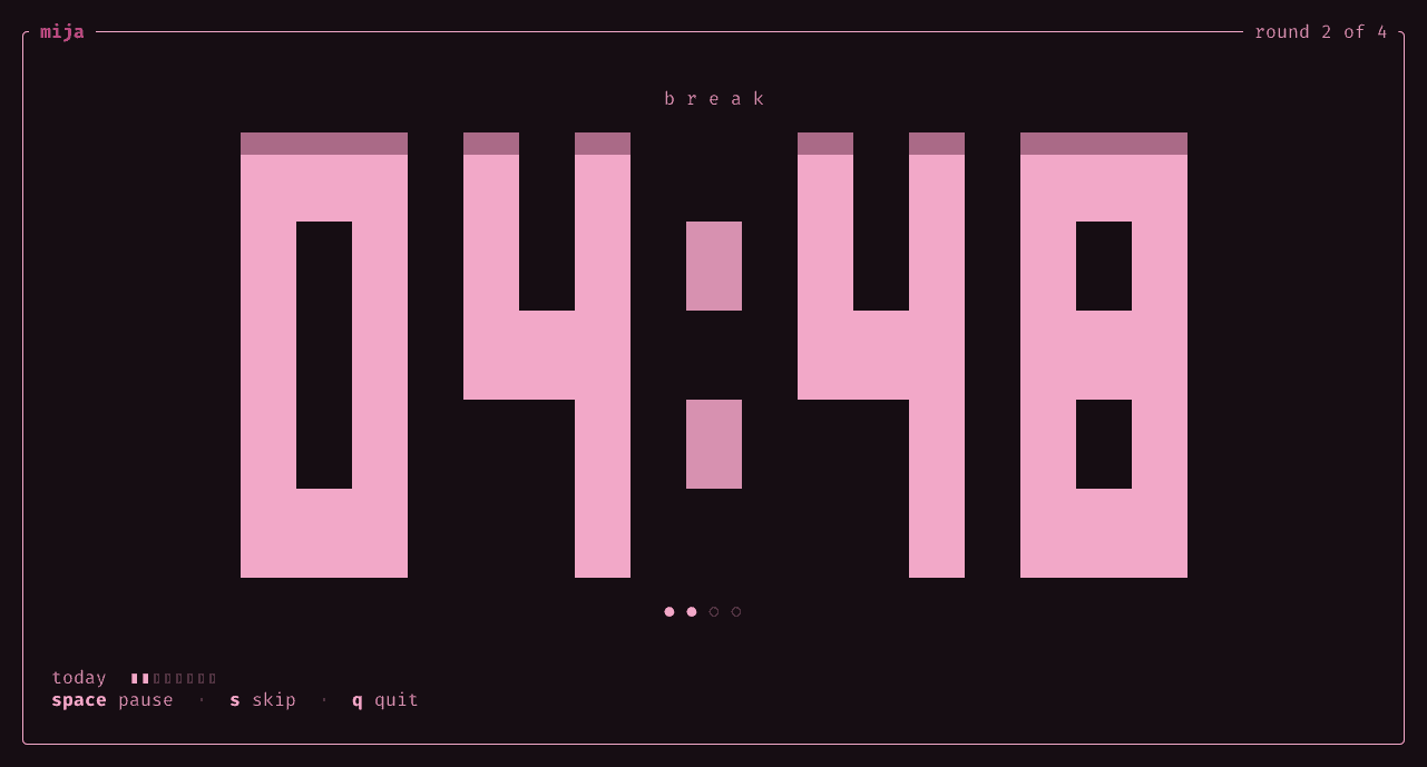 Mija on a short break with 04:48 in pale pink block digits, the lighter palette marking the break