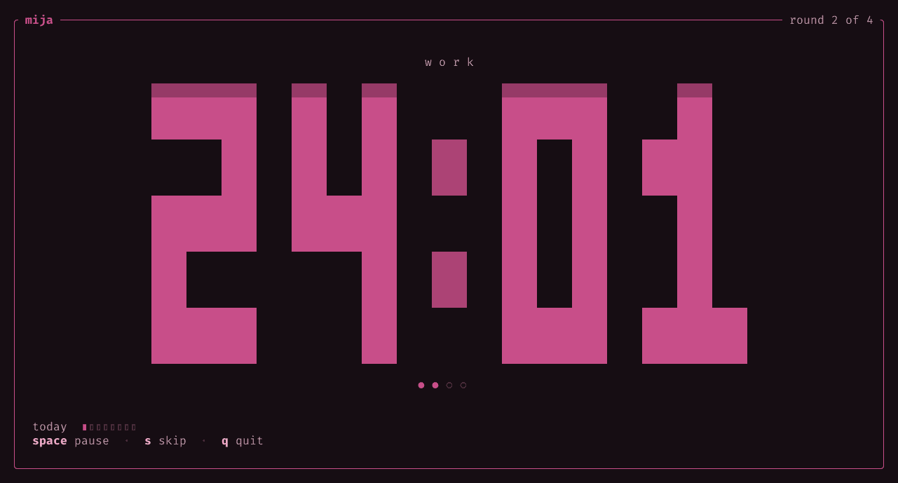 Mija in a work period, round 2 of 4, with 24:01 in large rose block digits draining from the top, two of four round pips filled, and key hints for pause, skip, and quit