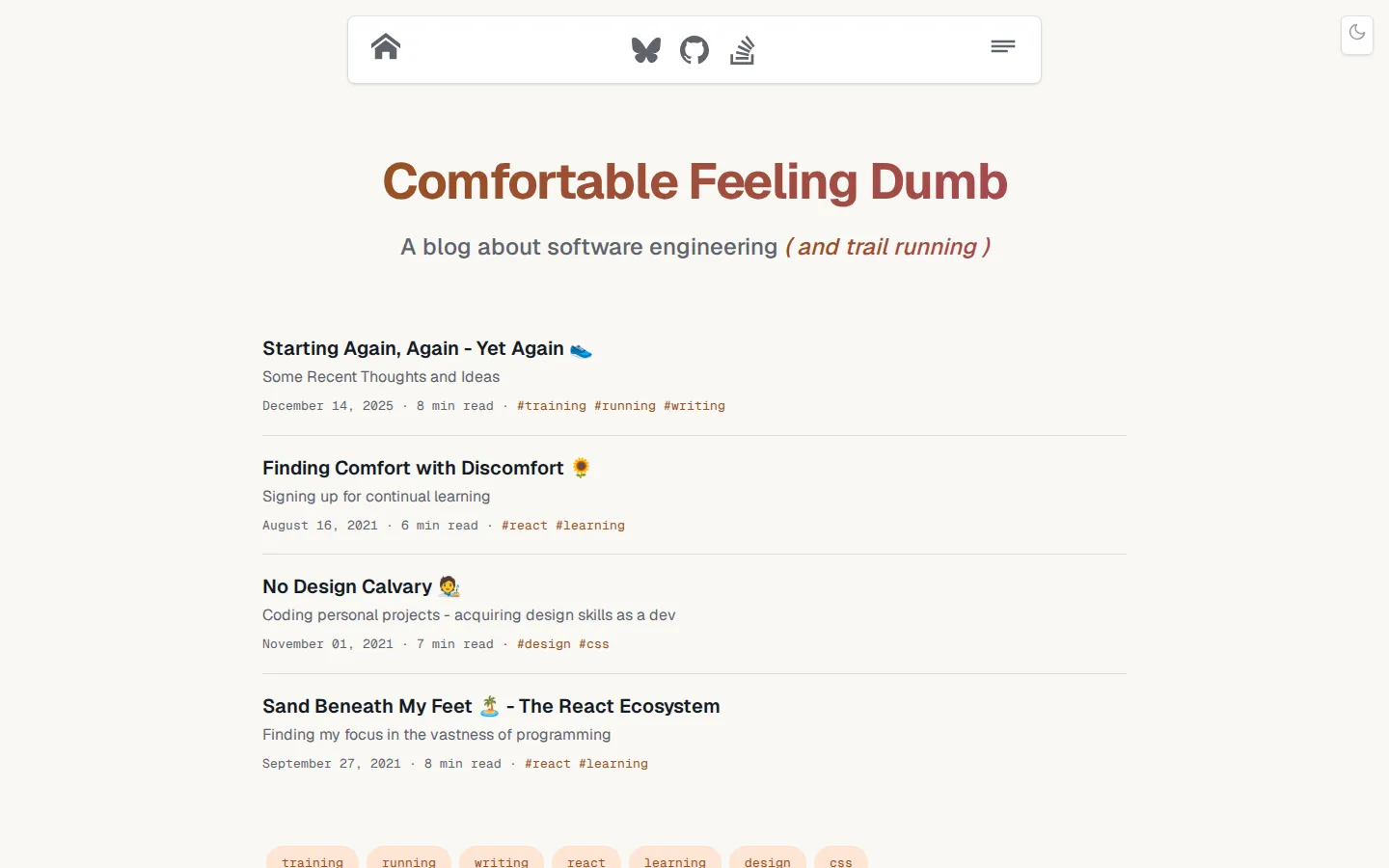 Landing page of my blog, Comfortable Feeling Dumb